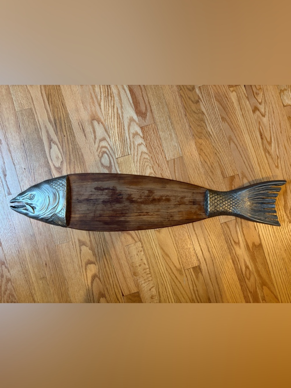 Serving Platter or Decorative Wooden tray to hang with Brass Fish-Scale Handles